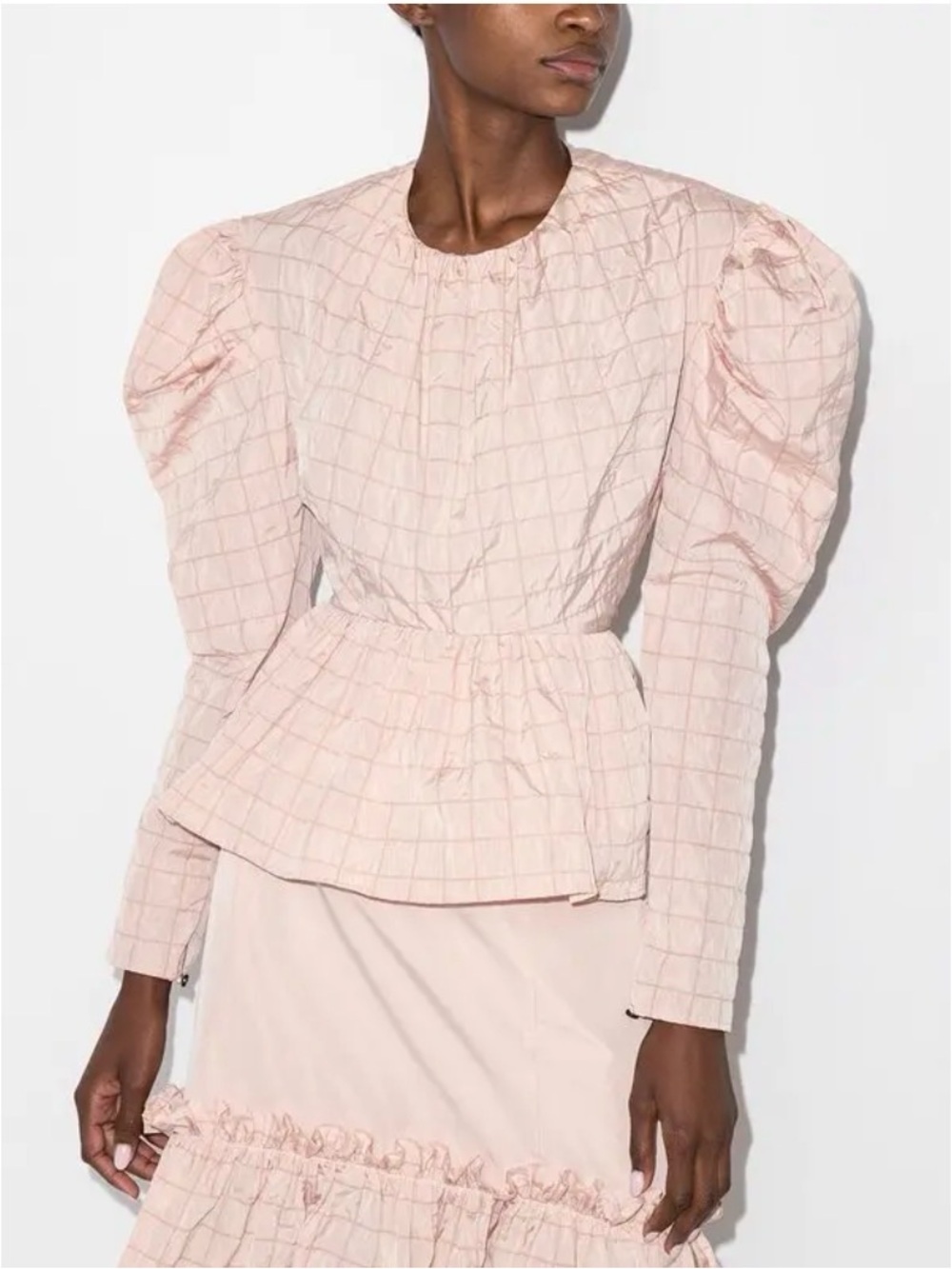 Brøgger Ykke Long Puff Sleeve Peplum Top Blouse Open Back Taffeta Bow Crew Neck